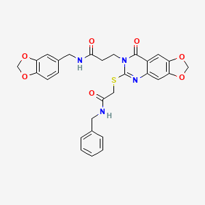 molecular formula C29H26N4O7S B2666382 N-[(2H-1,3-benzodioxol-5-yl)methyl]-3-(6-{[(benzylcarbamoyl)methyl]sulfanyl}-8-oxo-2H,7H,8H-[1,3]dioxolo[4,5-g]quinazolin-7-yl)propanamide CAS No. 896705-86-5