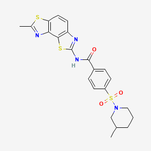 molecular formula C22H22N4O3S3 B2666534 N-{11-methyl-3,10-dithia-5,12-diazatricyclo[7.3.0.0^{2,6}]dodeca-1(9),2(6),4,7,11-pentaen-4-yl}-4-[(3-methylpiperidin-1-yl)sulfonyl]benzamide CAS No. 500149-66-6