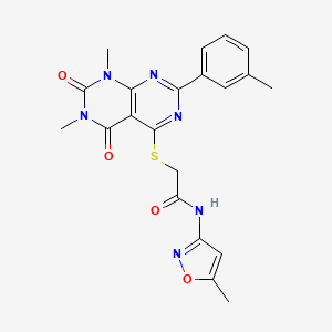 molecular formula C21H20N6O4S B2666582 2-{[6,8-dimethyl-2-(3-methylphenyl)-5,7-dioxo-5H,6H,7H,8H-[1,3]diazino[4,5-d]pyrimidin-4-yl]sulfanyl}-N-(5-methyl-1,2-oxazol-3-yl)acetamide CAS No. 872688-28-3