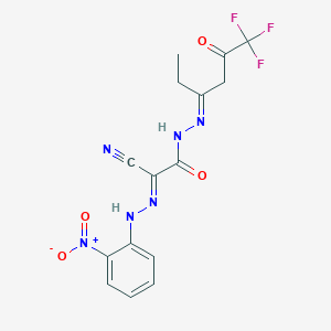 molecular formula C15H13F3N6O4 B2666590 (1E)-N-(2-nitroanilino)-2-oxo-2-[(2E)-2-(6,6,6-trifluoro-5-oxohexan-3-ylidene)hydrazinyl]ethanimidoyl cyanide CAS No. 477870-79-4