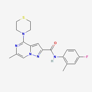 molecular formula C19H20FN5OS B2666672 N-(4-fluoro-2-methylphenyl)-6-methyl-4-(thiomorpholin-4-yl)pyrazolo[1,5-a]pyrazine-2-carboxamide CAS No. 1775525-40-0
