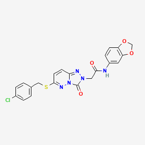 molecular formula C21H16ClN5O4S B2666719 N-(2H-1,3-benzodioxol-5-yl)-2-(6-{[(4-chlorophenyl)methyl]sulfanyl}-3-oxo-2H,3H-[1,2,4]triazolo[4,3-b]pyridazin-2-yl)acetamide CAS No. 1040643-47-7