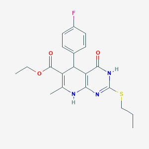molecular formula C20H22FN3O3S B2666731 ethyl 5-(4-fluorophenyl)-7-methyl-4-oxo-2-(propylsulfanyl)-3H,4H,5H,8H-pyrido[2,3-d]pyrimidine-6-carboxylate CAS No. 878624-79-4