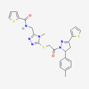 molecular formula C25H24N6O2S3 B2666841 N-{[4-methyl-5-({2-[5-(4-methylphenyl)-3-(thiophen-2-yl)-4,5-dihydro-1H-pyrazol-1-yl]-2-oxoethyl}sulfanyl)-4H-1,2,4-triazol-3-yl]methyl}thiophene-2-carboxamide CAS No. 362509-16-8