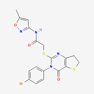 molecular formula C18H15BrN4O3S2 B2666902 2-{[3-(4-bromophenyl)-4-oxo-3H,4H,6H,7H-thieno[3,2-d]pyrimidin-2-yl]sulfanyl}-N-(5-methyl-1,2-oxazol-3-yl)acetamide CAS No. 362501-42-6