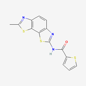 molecular formula C14H9N3OS3 B2667015 N-{11-methyl-3,12-dithia-5,10-diazatricyclo[7.3.0.0^{2,6}]dodeca-1(9),2(6),4,7,10-pentaen-4-yl}thiophene-2-carboxamide CAS No. 327038-70-0