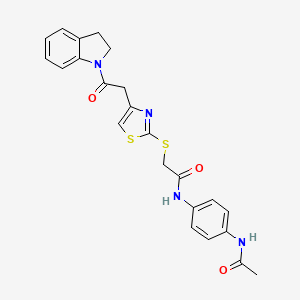 molecular formula C23H22N4O3S2 B2667026 N-(4-acetamidophenyl)-2-((4-(2-(indolin-1-yl)-2-oxoethyl)thiazol-2-yl)thio)acetamide CAS No. 941997-41-7