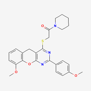 molecular formula C26H27N3O4S B2667073 2-{[9-methoxy-2-(4-methoxyphenyl)-5H-chromeno[2,3-d]pyrimidin-4-yl]sulfanyl}-1-(piperidin-1-yl)ethan-1-one CAS No. 895648-20-1
