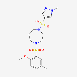 molecular formula C17H24N4O5S2 B2667122 1-((2-methoxy-5-methylphenyl)sulfonyl)-4-((1-methyl-1H-pyrazol-4-yl)sulfonyl)-1,4-diazepane CAS No. 2034402-86-1