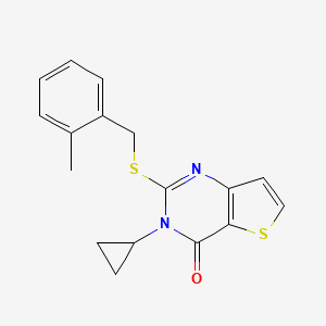 molecular formula C17H16N2OS2 B2667132 3-cyclopropyl-2-{[(2-methylphenyl)methyl]sulfanyl}-3H,4H-thieno[3,2-d]pyrimidin-4-one CAS No. 1326834-27-8