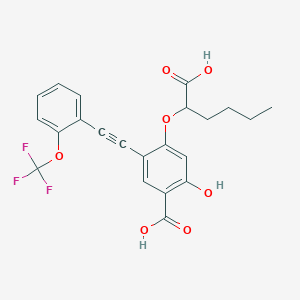 molecular formula C22H19F3O7 B2667174 4-((1-Carboxypentyl)oxy)-2-hydroxy-5-((2-(trifluoromethoxy)phenyl)ethynyl)benzoic acid CAS No. 1772609-48-9