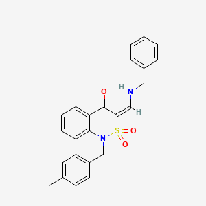 molecular formula C25H24N2O3S B2667264 (3E)-1-(4-methylbenzyl)-3-{[(4-methylbenzyl)amino]methylene}-1H-2,1-benzothiazin-4(3H)-one 2,2-dioxide CAS No. 893312-89-5