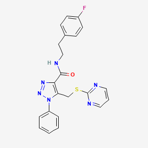 molecular formula C22H19FN6OS B2667284 N-(4-fluorophenethyl)-1-phenyl-5-((pyrimidin-2-ylthio)methyl)-1H-1,2,3-triazole-4-carboxamide CAS No. 1105209-58-2