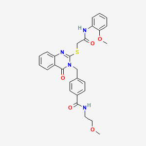 molecular formula C28H28N4O5S B2667288 N-(2-methoxyethyl)-4-((2-((2-((2-methoxyphenyl)amino)-2-oxoethyl)thio)-4-oxoquinazolin-3(4H)-yl)methyl)benzamide CAS No. 1115324-25-8