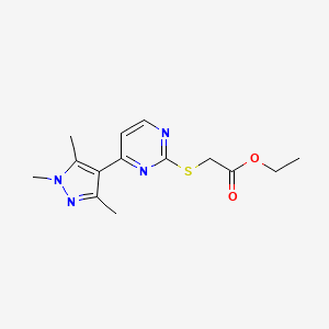 molecular formula C14H18N4O2S B2667307 Ethyl 2-((4-(1,3,5-trimethyl-1H-pyrazol-4-yl)pyrimidin-2-yl)thio)acetate CAS No. 1006353-04-3
