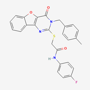 molecular formula C26H20FN3O3S B2667313 N-(4-fluorophenyl)-2-({5-[(4-methylphenyl)methyl]-6-oxo-8-oxa-3,5-diazatricyclo[7.4.0.0^{2,7}]trideca-1(9),2(7),3,10,12-pentaen-4-yl}sulfanyl)acetamide CAS No. 866846-05-1
