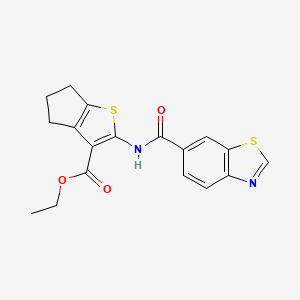 molecular formula C18H16N2O3S2 B2667323 ethyl 2-(1,3-benzothiazole-6-amido)-4H,5H,6H-cyclopenta[b]thiophene-3-carboxylate CAS No. 681170-30-9