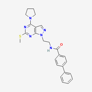 molecular formula C25H26N6OS B2667371 N-(2-(6-(methylthio)-4-(pyrrolidin-1-yl)-1H-pyrazolo[3,4-d]pyrimidin-1-yl)ethyl)-[1,1'-biphenyl]-4-carboxamide CAS No. 954054-21-8