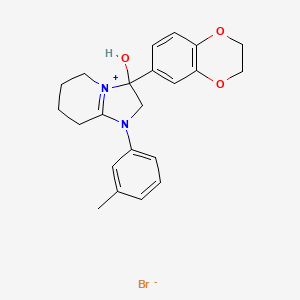 molecular formula C22H25BrN2O3 B2667386 3-(2,3-Dihydrobenzo[b][1,4]dioxin-6-yl)-3-hydroxy-1-(m-tolyl)-2,3,5,6,7,8-hexahydroimidazo[1,2-a]pyridin-1-ium bromide CAS No. 1106750-32-6