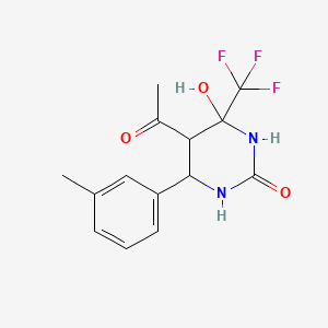 molecular formula C14H15F3N2O3 B2667485 5-Acetyl-4-hydroxy-6-(3-methylphenyl)-4-(trifluoromethyl)-1,3-diazinan-2-one CAS No. 1005286-99-6