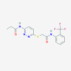 molecular formula C16H15F3N4O2S B2667625 N-(6-((2-oxo-2-((2-(trifluoromethyl)phenyl)amino)ethyl)thio)pyridazin-3-yl)propionamide CAS No. 1021025-92-2