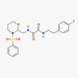 molecular formula C21H24FN3O5S B2667683 N-{[3-(benzenesulfonyl)-1,3-oxazinan-2-yl]methyl}-N'-[2-(4-fluorophenyl)ethyl]ethanediamide CAS No. 872881-41-9