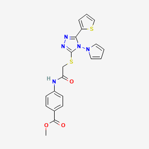 molecular formula C20H17N5O3S2 B2667958 methyl 4-(2-{[4-(1H-pyrrol-1-yl)-5-(thiophen-2-yl)-4H-1,2,4-triazol-3-yl]sulfanyl}acetamido)benzoate CAS No. 886939-49-7