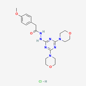molecular formula C20H28ClN7O4 B2668035 N'-(4,6-dimorpholino-1,3,5-triazin-2-yl)-2-(4-methoxyphenyl)acetohydrazide hydrochloride CAS No. 1215781-06-8