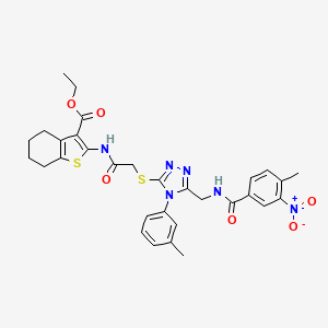 molecular formula C31H32N6O6S2 B2668117 ethyl 2-{2-[(5-{[(4-methyl-3-nitrophenyl)formamido]methyl}-4-(3-methylphenyl)-4H-1,2,4-triazol-3-yl)sulfanyl]acetamido}-4,5,6,7-tetrahydro-1-benzothiophene-3-carboxylate CAS No. 393850-18-5