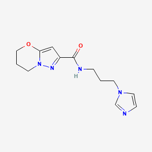molecular formula C13H17N5O2 B2668207 N-(3-(1H-imidazol-1-yl)propyl)-6,7-dihydro-5H-pyrazolo[5,1-b][1,3]oxazine-2-carboxamide CAS No. 1428347-52-7