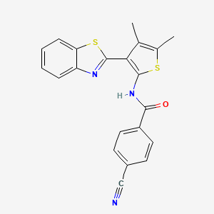 molecular formula C21H15N3OS2 B2668233 N-[3-(1,3-benzothiazol-2-yl)-4,5-dimethylthiophen-2-yl]-4-cyanobenzamide CAS No. 886959-16-6