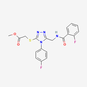molecular formula C19H16F2N4O3S B2668274 methyl 2-{[4-(4-fluorophenyl)-5-{[(2-fluorophenyl)formamido]methyl}-4H-1,2,4-triazol-3-yl]sulfanyl}acetate CAS No. 689747-74-8
