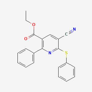 molecular formula C21H16N2O2S B2668304 Ethyl 5-cyano-2-phenyl-6-(phenylsulfanyl)nicotinate CAS No. 306980-00-7