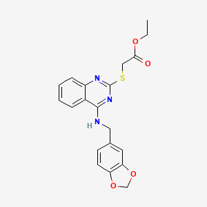molecular formula C20H19N3O4S B2668328 ethyl 2-[(4-{[(2H-1,3-benzodioxol-5-yl)methyl]amino}quinazolin-2-yl)sulfanyl]acetate CAS No. 896698-20-7