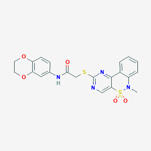 molecular formula C21H18N4O5S2 B2668368 N-(2,3-dihydro-1,4-benzodioxin-6-yl)-2-({9-methyl-8,8-dioxo-8lambda6-thia-3,5,9-triazatricyclo[8.4.0.0^{2,7}]tetradeca-1(14),2(7),3,5,10,12-hexaen-4-yl}sulfanyl)acetamide CAS No. 895103-83-0