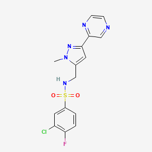 3-chloro-4-fluoro-N-((1-methyl-3-(pyrazin-2-yl)-1H-pyrazol-5-yl)methyl)benzenesulfonamide