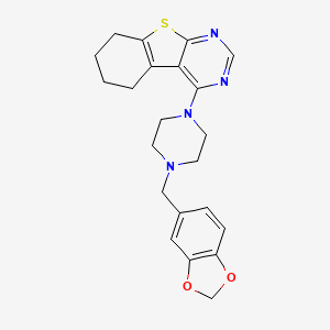 molecular formula C22H24N4O2S B2668410 3-{4-[(2H-1,3-benzodioxol-5-yl)methyl]piperazin-1-yl}-8-thia-4,6-diazatricyclo[7.4.0.0^{2,7}]trideca-1(9),2(7),3,5-tetraene CAS No. 327105-72-6