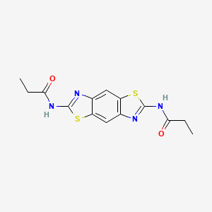 molecular formula C14H14N4O2S2 B2668435 N-{11-propanamido-4,10-dithia-6,12-diazatricyclo[7.3.0.0^{3,7}]dodeca-1(9),2,5,7,11-pentaen-5-yl}propanamide CAS No. 518349-16-1