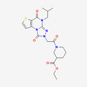 molecular formula C21H27N5O5S B2668502 ethyl 1-[2-[8-(2-methylpropyl)-7,12-dioxo-5-thia-1,8,10,11-tetrazatricyclo[7.3.0.02,6]dodeca-2(6),3,9-trien-11-yl]acetyl]piperidine-3-carboxylate CAS No. 1358225-27-0