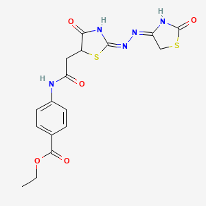 molecular formula C17H17N5O5S2 B2668506 ethyl 4-(2-((E)-4-oxo-2-((E)-(2-oxothiazolidin-4-ylidene)hydrazono)thiazolidin-5-yl)acetamido)benzoate CAS No. 868155-13-9