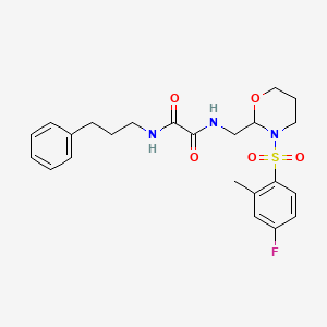 molecular formula C23H28FN3O5S B2668520 N-{[3-(4-fluoro-2-methylbenzenesulfonyl)-1,3-oxazinan-2-yl]methyl}-N'-(3-phenylpropyl)ethanediamide CAS No. 872987-17-2