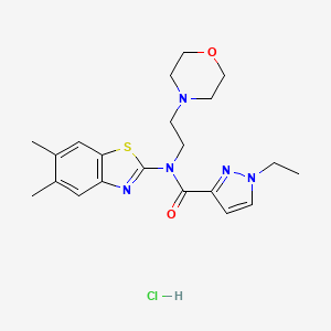 molecular formula C21H28ClN5O2S B2668524 N-(5,6-dimethyl-1,3-benzothiazol-2-yl)-1-ethyl-N-[2-(morpholin-4-yl)ethyl]-1H-pyrazole-3-carboxamide hydrochloride CAS No. 1189693-83-1