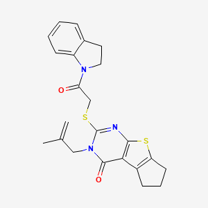 molecular formula C23H23N3O2S2 B2668675 10-{[2-(2,3-dihydro-1H-indol-1-yl)-2-oxoethyl]sulfanyl}-11-(2-methylprop-2-en-1-yl)-7-thia-9,11-diazatricyclo[6.4.0.0^{2,6}]dodeca-1(8),2(6),9-trien-12-one CAS No. 701246-29-9