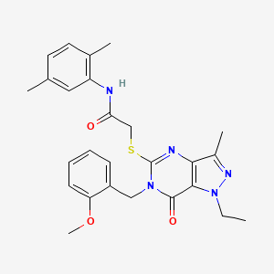 molecular formula C26H29N5O3S B2668774 N-(2,5-dimethylphenyl)-2-({1-ethyl-6-[(2-methoxyphenyl)methyl]-3-methyl-7-oxo-1H,6H,7H-pyrazolo[4,3-d]pyrimidin-5-yl}sulfanyl)acetamide CAS No. 1358830-38-2