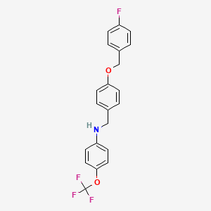 molecular formula C21H17F4NO2 B2668780 N-{4-[(4-fluorobenzyl)oxy]benzyl}-4-(trifluoromethoxy)aniline CAS No. 306730-31-4