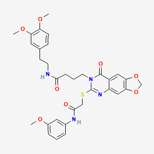molecular formula C32H34N4O8S B2669030 N-[2-(3,4-dimethoxyphenyl)ethyl]-4-[6-({[(3-methoxyphenyl)carbamoyl]methyl}sulfanyl)-8-oxo-2H,7H,8H-[1,3]dioxolo[4,5-g]quinazolin-7-yl]butanamide CAS No. 688060-71-1