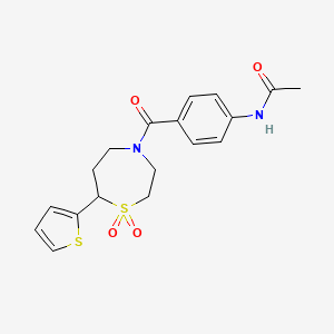 molecular formula C18H20N2O4S2 B2669194 N-(4-(1,1-dioxido-7-(thiophen-2-yl)-1,4-thiazepane-4-carbonyl)phenyl)acetamide CAS No. 2034513-77-2