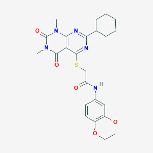 2-((2-cyclohexyl-6,8-dimethyl-5,7-dioxo-5,6,7,8-tetrahydropyrimido[4,5-d]pyrimidin-4-yl)thio)-N-(2,3-dihydrobenzo[b][1,4]dioxin-6-yl)acetamide