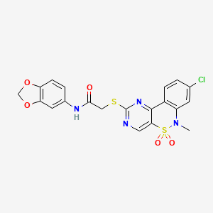 molecular formula C20H15ClN4O5S2 B2669287 N-(2H-1,3-benzodioxol-5-yl)-2-({12-chloro-9-methyl-8,8-dioxo-8lambda6-thia-3,5,9-triazatricyclo[8.4.0.0^{2,7}]tetradeca-1(14),2(7),3,5,10,12-hexaen-4-yl}sulfanyl)acetamide CAS No. 1115413-83-6