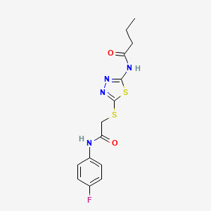 molecular formula C14H15FN4O2S2 B2669479 N-(5-((2-((4-fluorophenyl)amino)-2-oxoethyl)thio)-1,3,4-thiadiazol-2-yl)butyramide CAS No. 392297-36-8